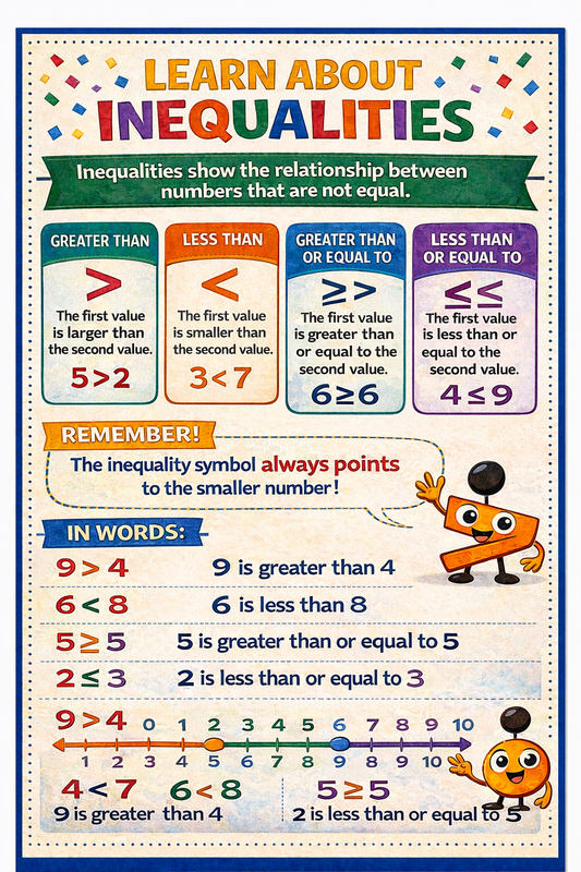Educational poster teaching about inequalities with colorful graphics and text.