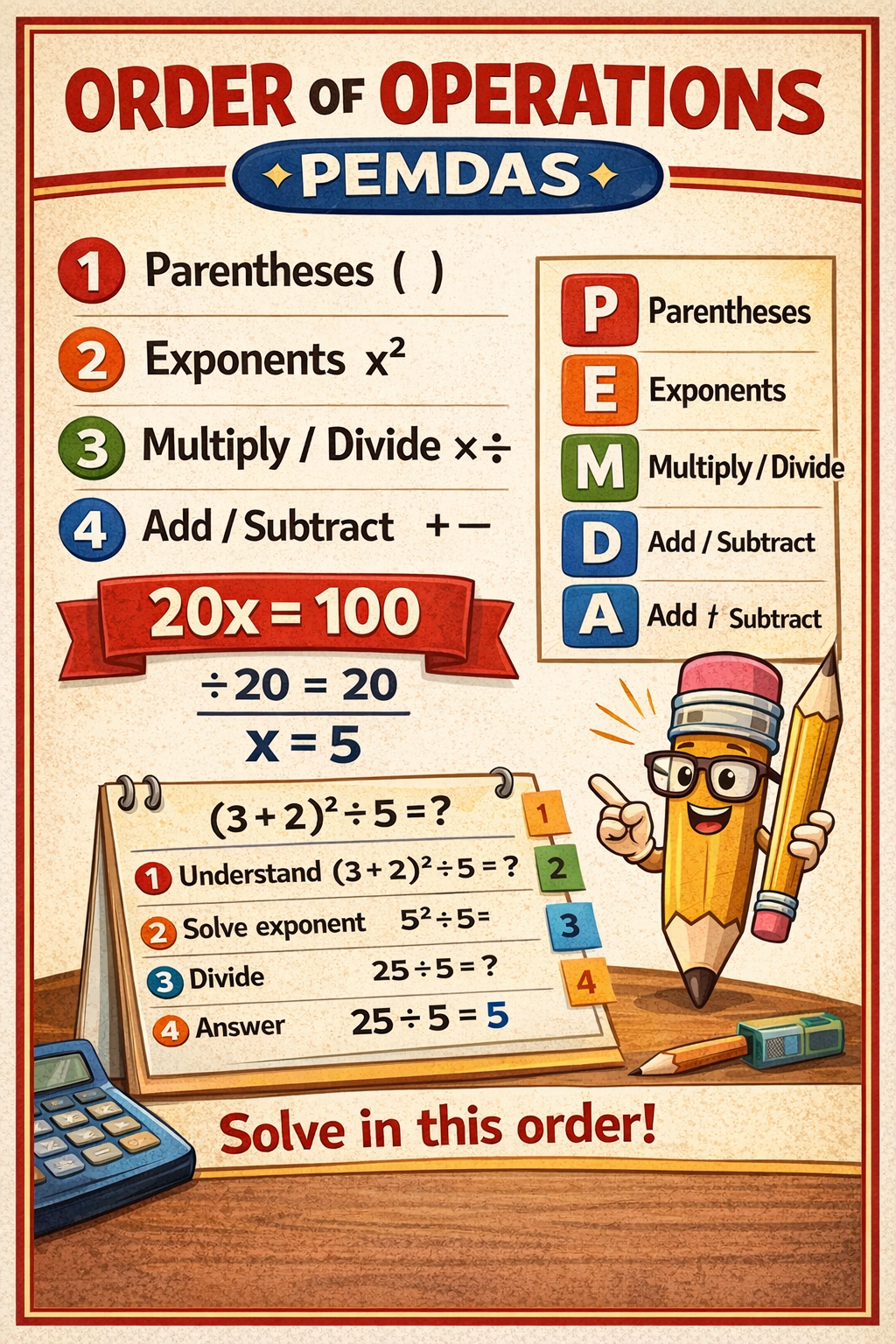 Educational poster on the order of operations with PEMDAS rules and a cartoon pencil character.