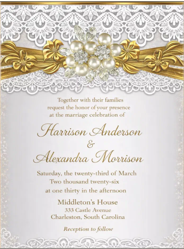 Elegant Gold Lace and Pearl Wedding Invitations
