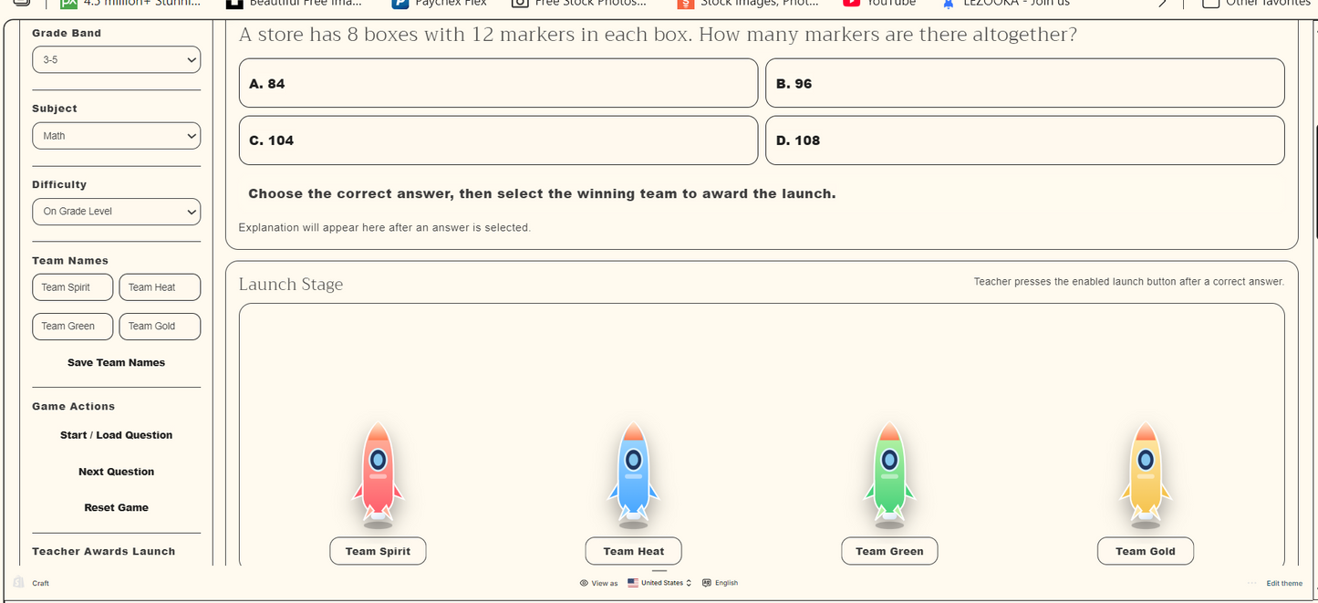 Educational game interface with multiple-choice question and color-coded team options.