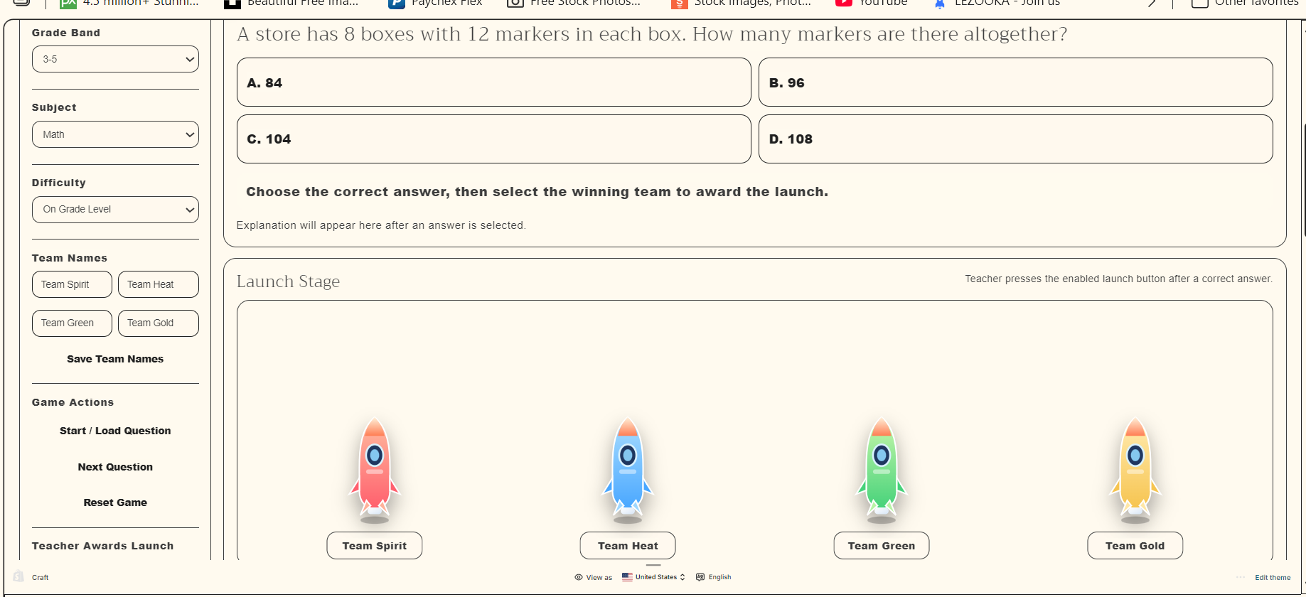 Educational game interface with multiple-choice question and color-coded team options.