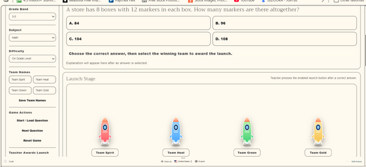 Educational game interface with multiple-choice question and color-coded team options.