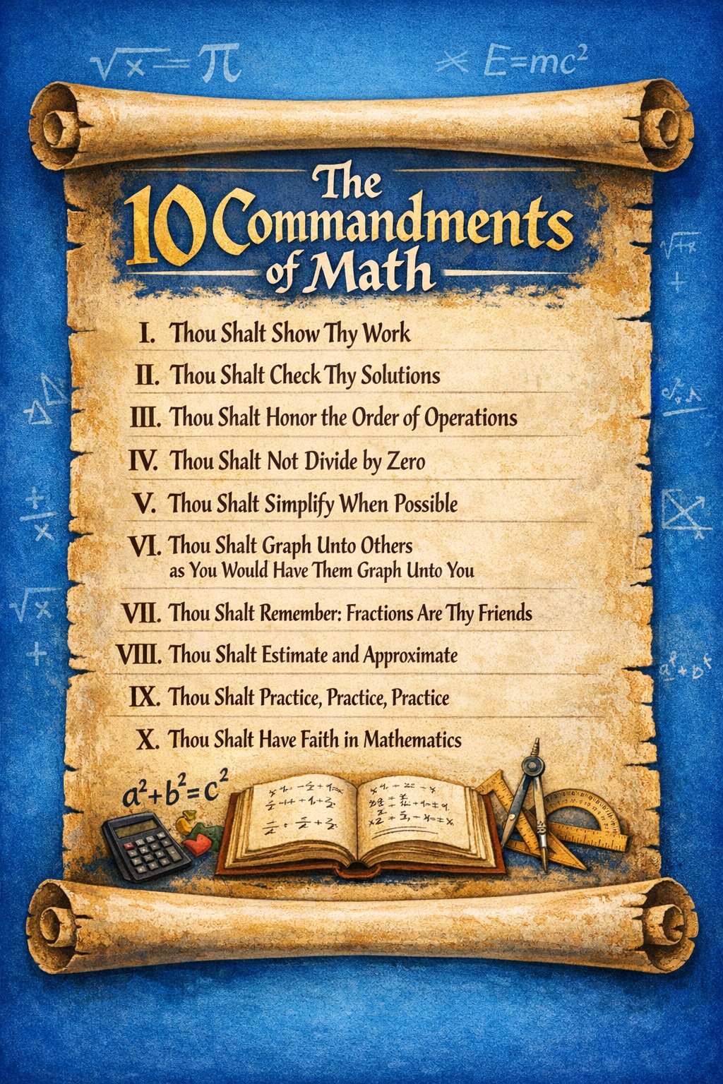 Roll of paper with '10 Commandments of Math' on a blue background