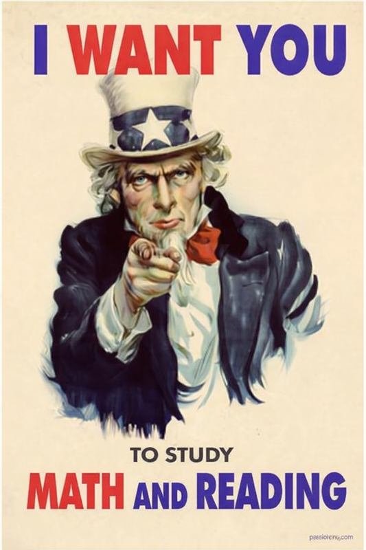 Vintage-style poster with Uncle Sam pointing forward, featuring text 'I Want You to Study Math and Reading'.