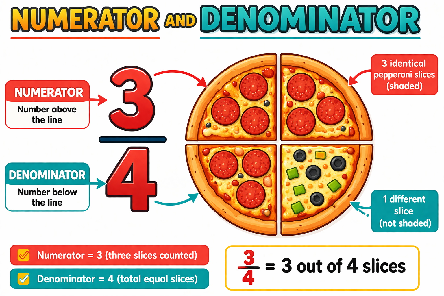 Educational diagram about numerators and denominators using a pizza illustration.