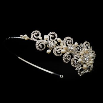 Antique Silver Ivory Freshwater Pearl Crystal Floral Side Accented Headband Headpiece 2295 50