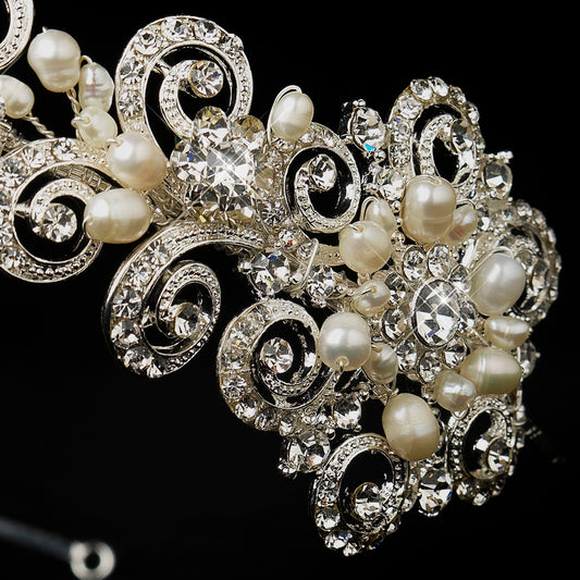 Antique Silver Ivory Freshwater Pearl Crystal Floral Side Accented Headband Headpiece 2295 60