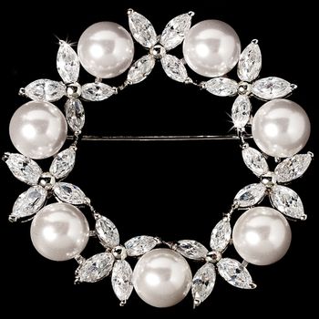 Antique Silver Round Cubic Zirconia White Pearl Wreath Brooch 2502 31