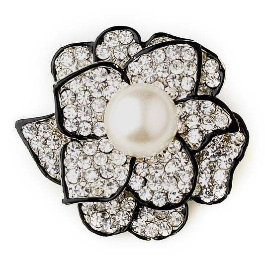 Black Brooch 30395 Rhinestone Diamond White Pearl Rose Brooch 45
