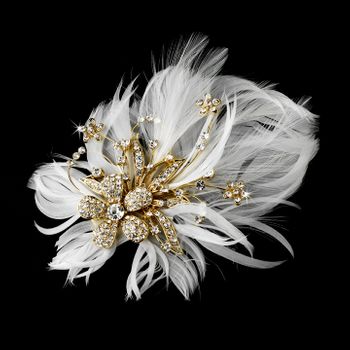 Glamorous Gold Bridal Hair Clip With Brooch Pin And Clear Rhinestones Ivory Feathers 456 46