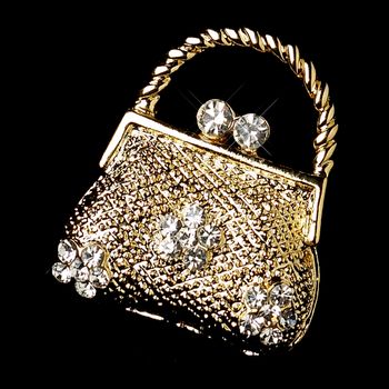 Gold Clear Rhinestone Bridal Purse Brooch 77 32