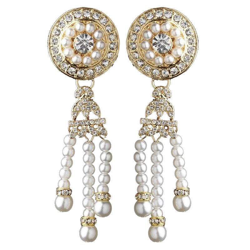 Gold White Pearl Rhinestone Dangle Great Gatsby Earrings 2365 62