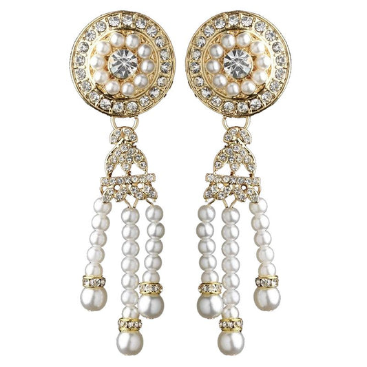 Gold White Pearl Rhinestone Dangle Great Gatsby Earrings 2365 62