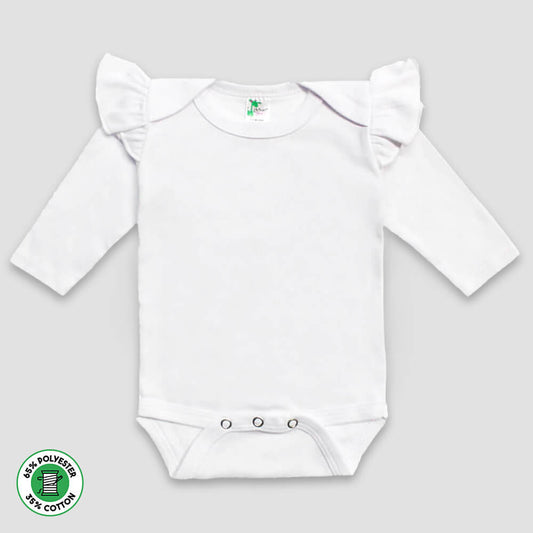 Baby Girls Long Sleeve One-Piece Onesies with Flutter Sleeve – White – Polyester-Cotton Blend White 6-12M