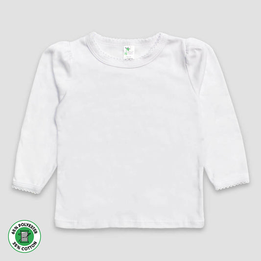 Youth Girls Scallop T-Shirt Long Sleeve – White – Polyester Cotton Blend White XS