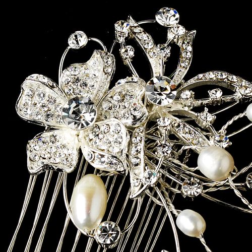 Lovely Silver Floral Hair Comb W Freshwater Pearls Clear Rhinestones 9807 35