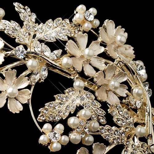 Lt Gold Champagne Rhinestone Ivory Pearl Floral Side Headband 1534 171