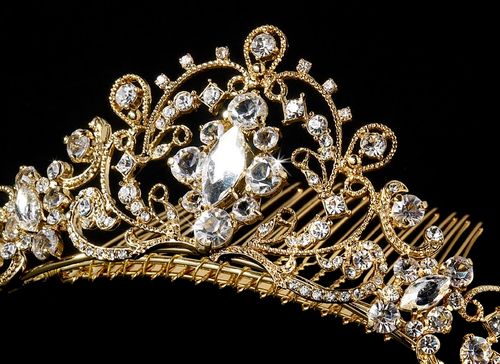 Regal Gold Tiara Bridal Comb w/ Clear Rhinestones