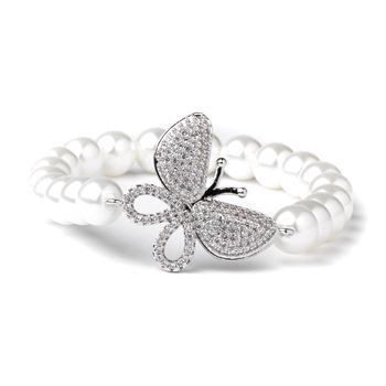 Rhodium CZ & Diamond White Pearl Butterfly Stretch Bridal Wedding Bracelet