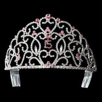 Royal Sweet 15 Quincea Era Silver Headpiece Covered In Clear Pink Rhinestones 251 55 1