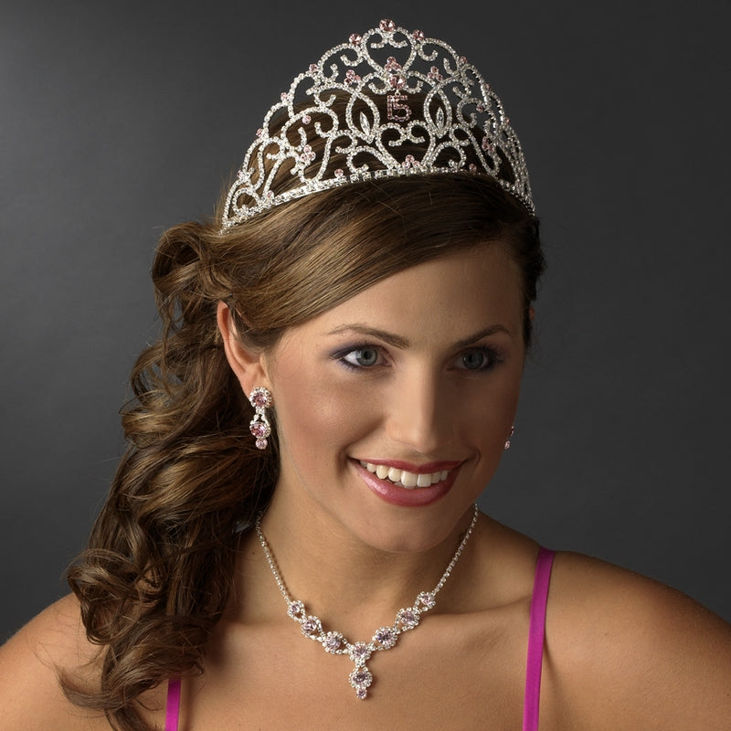 Royal Sweet 15 Quincea Era Silver Headpiece Covered In Clear Pink Rhinestones 251 56