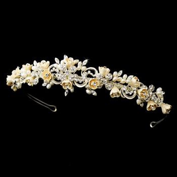 Silver Floral Rhinestone Champagne Elegance Bridal Pearl Headband 7539 76