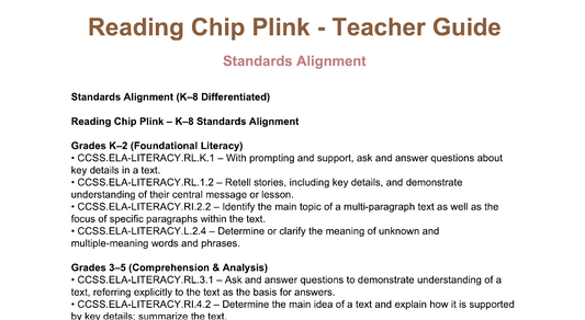 Teacher guide for Reading Chip Plink with standards alignment details.