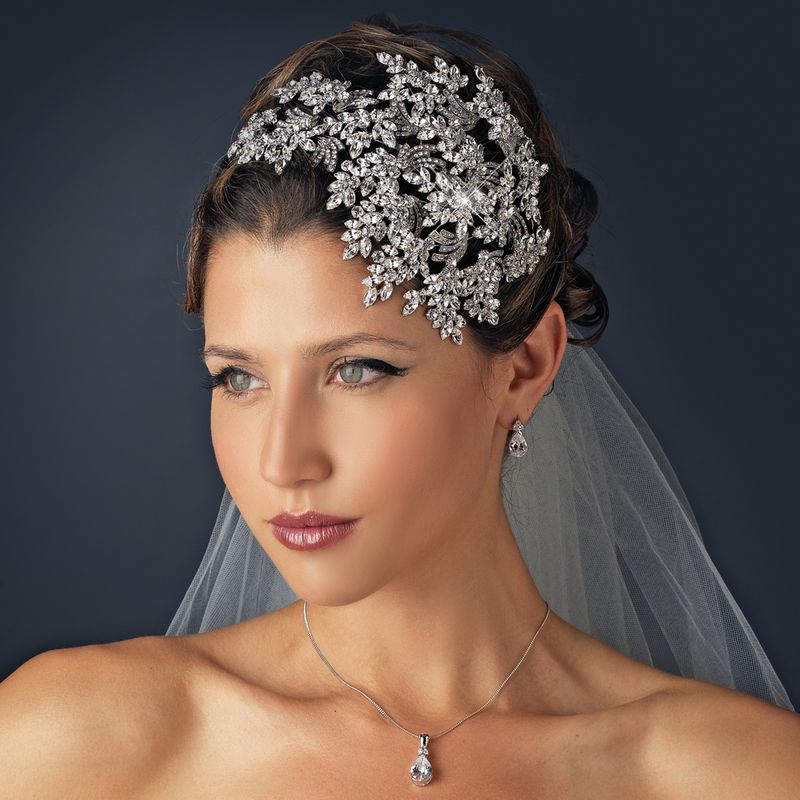 Vintage Couture Leaves Side Accented Crystal Bridal Faceframer Headband Headpiece 19255 85